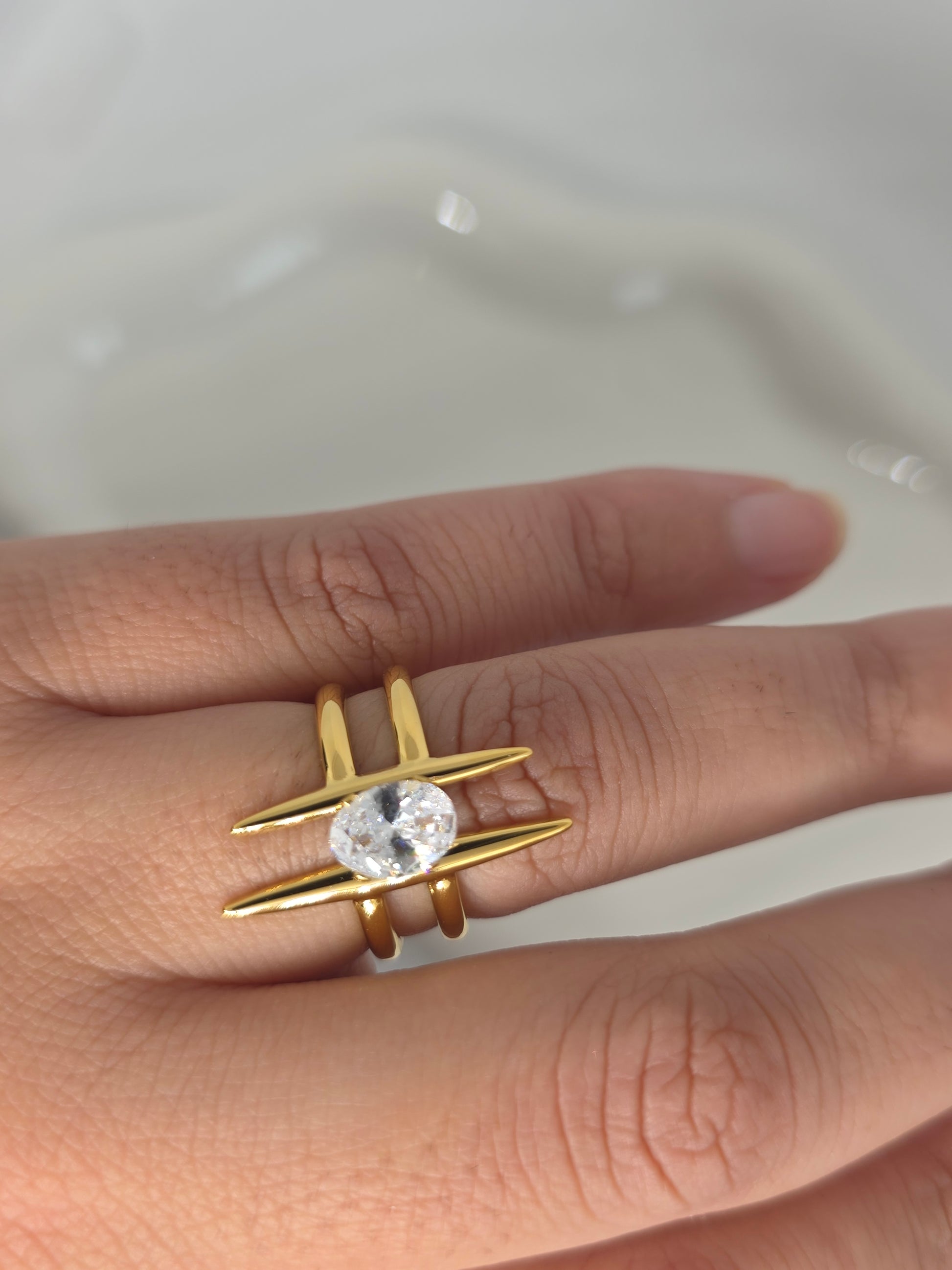 Bague Double Barre & Cristal – Ajustable